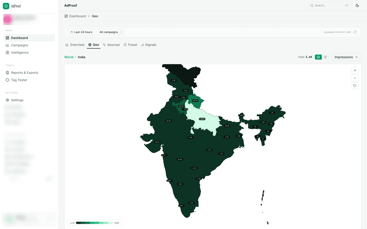The geography dashboard showing state-level delivery, with client identifiers obscured