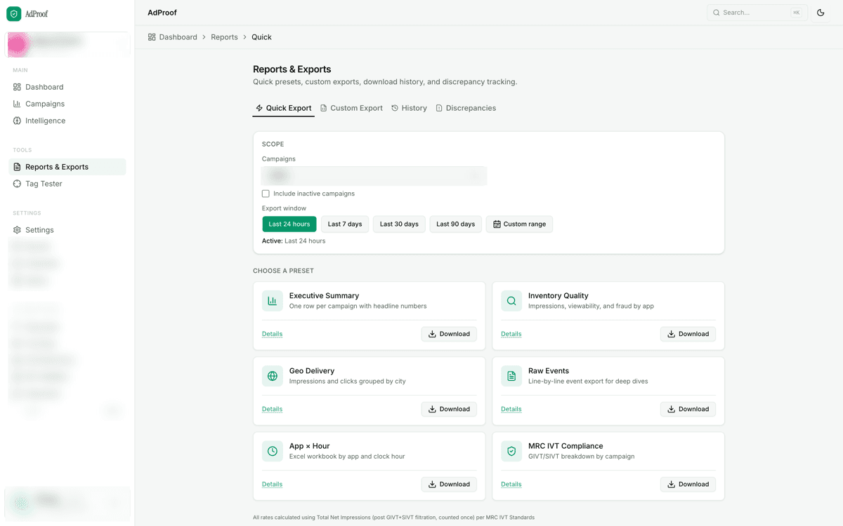 The reports and exports screen, with client identifiers obscured